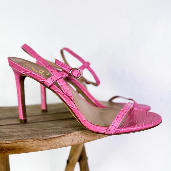 Sam Edelman Doran Croc Embossed Strappy Heeled Sandals Pink Party Size 7.5 NWT - Picture 1 of 12